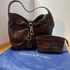 Dooney & Bourke Dark Brown Croc Embossed Handbag and Pouch